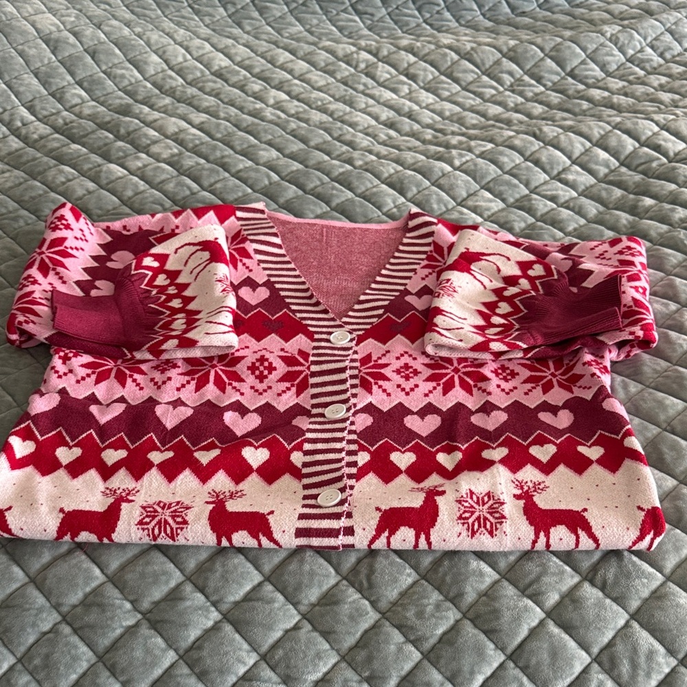 SHEIN Red and Pink Reindeer Cardigan